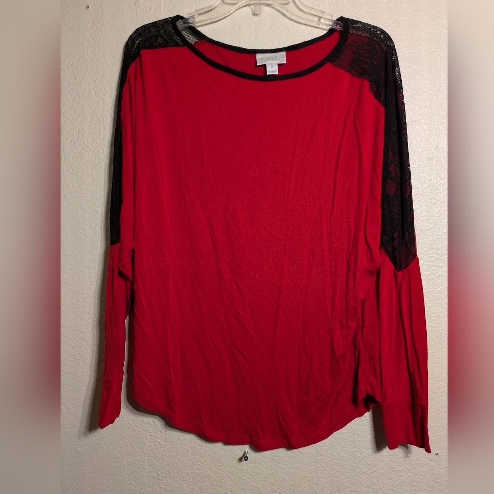 Bisou Bisou Women's Red Lace Sleeve Top Size Medium - Picture 2 of 5